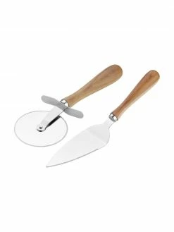 Andrea House Accessoires pour pizza argentés avec manche en bois Belli, 2 élém., larg. 32 x haut. 4 cm
