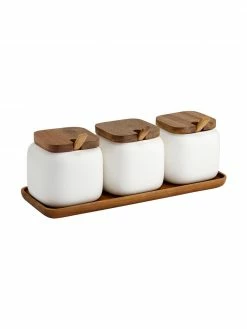 Ladelle Boîte en porcelaine avec accessoire en bois d'acacia Essentials, 7 élém., Lot de différentes tailles