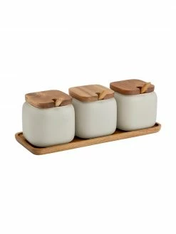 Ladelle Boîte en porcelaine avec accessoire en bois d'acacia Essentials, 7 élém., Lot de différentes tailles