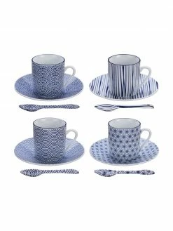 Tasse à expresso faite main sous-tasses et cuillères Nippon, set de 4, Lot de différentes tailles