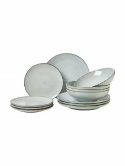 Westwing Collection Vaisselle à petit déjeuner bleu gris fait main Thalia, 4 personnes (12 élém.), 4 personnes (12 élém.)